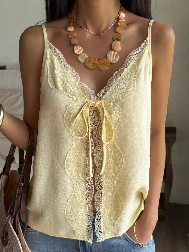 Yellow Casual Women's V-Neck Lace Patchwork Loose Fit Camisole Top
